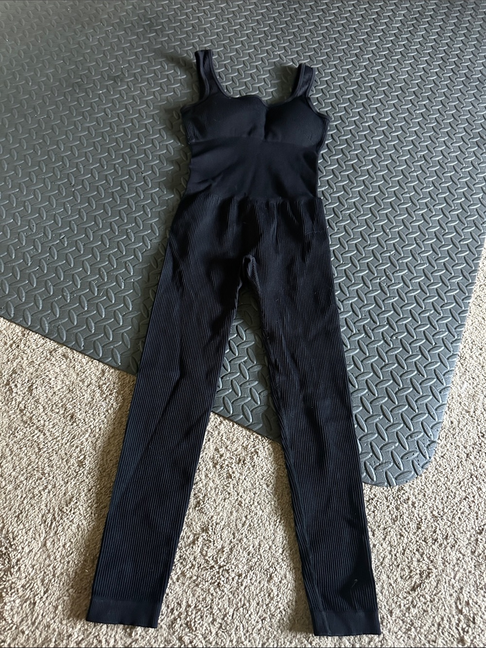 Amazon Black Ribbed Square-Neck Jumpsuit